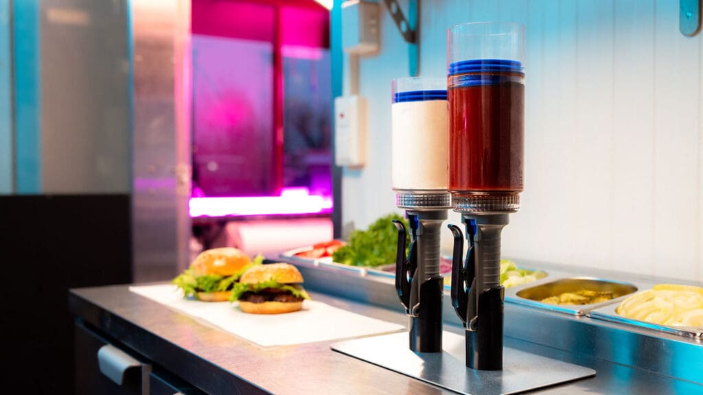 Portion Pump MAX in a double stand with 2 burgers on the kitchen prep. table