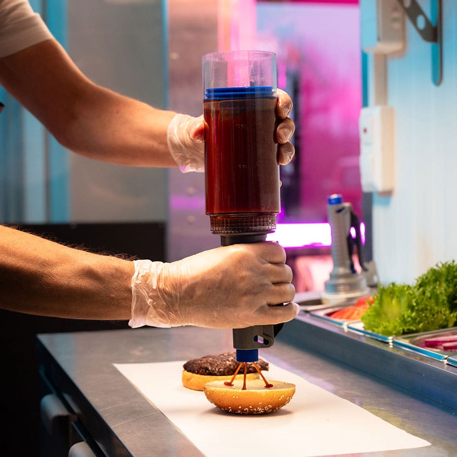 Portion Pump MAX, dress a burger with ketchup